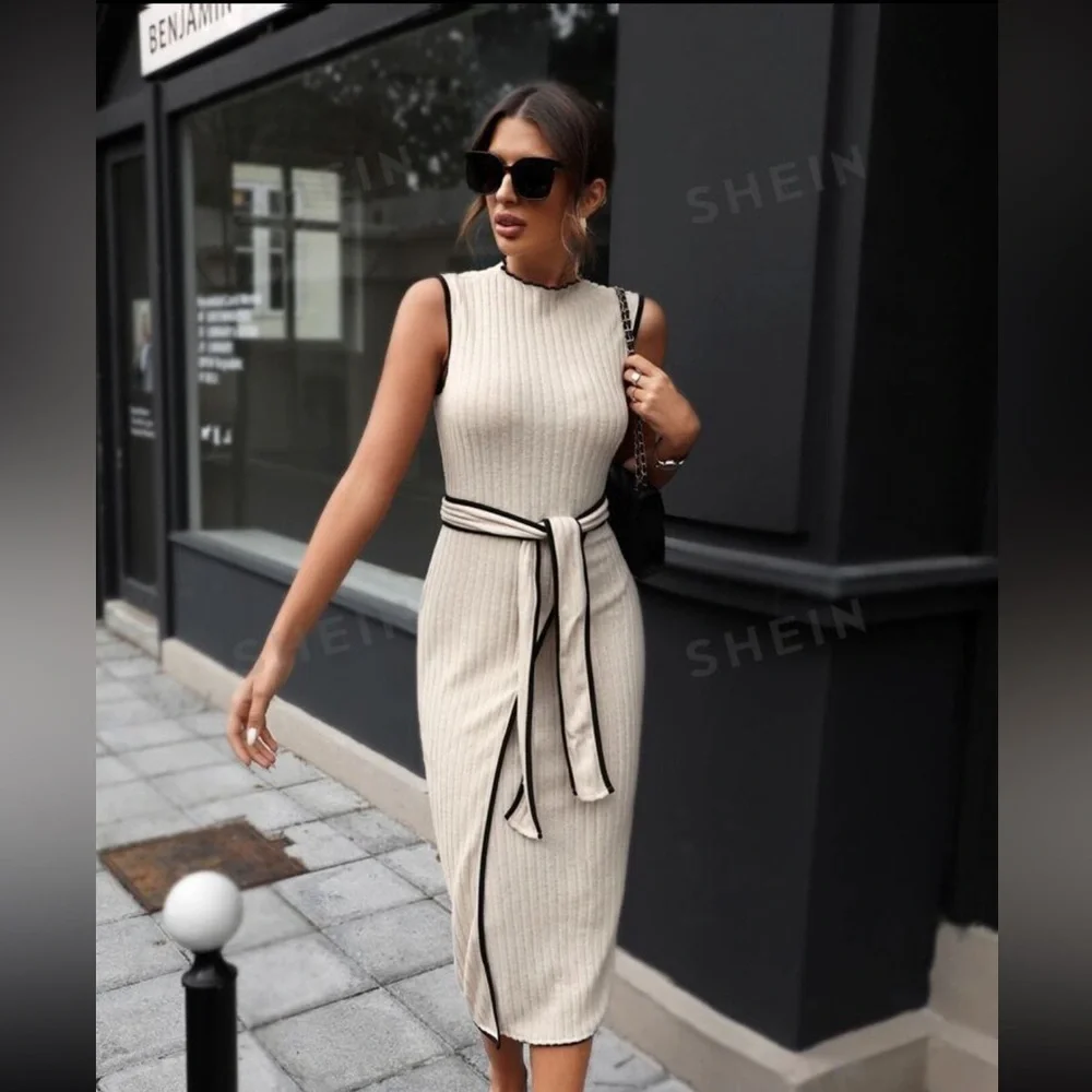 Prive Ribbed Knit Contrast Binding Belted Tank Dress - Picture 3 of 6